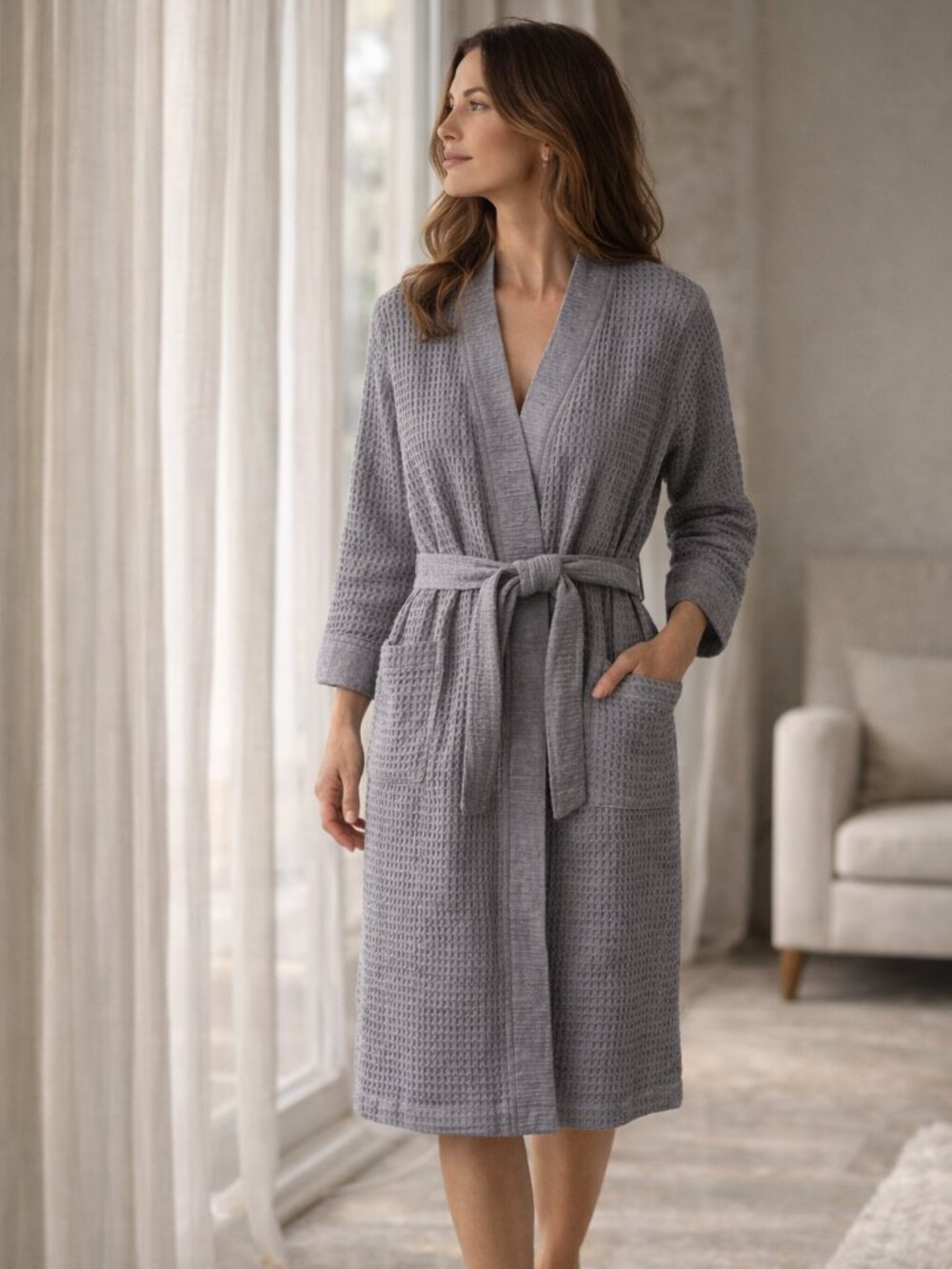 Matouk Kiran Bath Robe Gray Cotton Bamboo Blend Waffle Weave Unisex - Picture 9 of 9